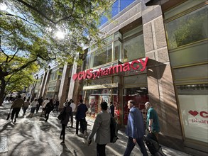 CVS Pharmacy and convenience store, building exterior and sidewalk scene, New York City, New York,