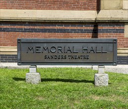 Sanders Theatre at Memorial Hall, exterior building sign, Harvard University, Cambridge,