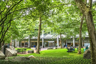 Takeda Pharmaceutical Company, building exterior and leafy outdoor lounge area, Cambridge,