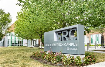 Sidney Research Campus, Biomed Realty, building exterior and company sign, Cambridge,