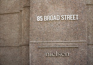 Nielsen Media Research headquarters, close-up detail of building exterior, 85 Broad Street, New