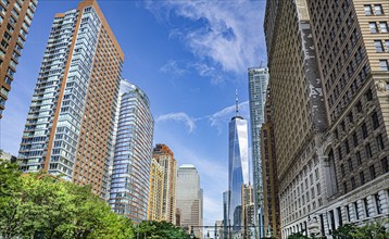 West Street looking north toward One World Trade Center (right), New York City, New York, USA