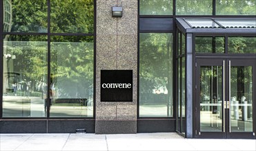 Convene, premium office and event space, building exterior and company sign, New York City, New