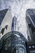 Low angle view of Brookfield Place and One World Trade Center, building exterior, New York City,