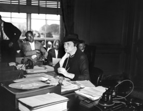 U.S. Secretary of Labor Frances Perkins announcing to the press the appointment of a three man