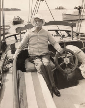 US. President Franklin D. Roosevelt at wheel of Amberjack II while sailing from Marion,