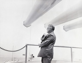 U.S. President Franklin D. Roosevelt aboard the USS Indianapolis reviewing Argentine Fleet during