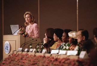 U.S. First Lady Hillary Rodham Clinton addressing keynote speech at Fourth United Nations