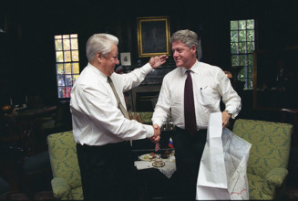 U.S. President Bill Clinton greeting President Boris Yeltsin of Russia at Franklin D. Roosevelt