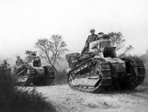 American troops in army tanks going forward to the battle line in the Forest of Argonne, France, U