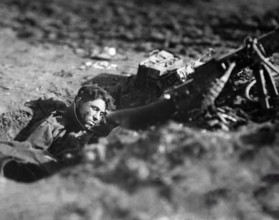 German machine-gun nest and dead gunner, Villers-Devant-Dun, France