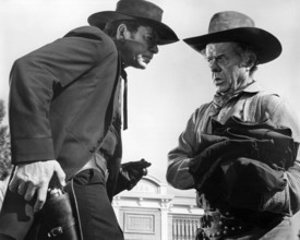 Claude Akins, Elisha Cook, Jr. , on-set of the western film, "The Great Bank Robbery", Warner Bros