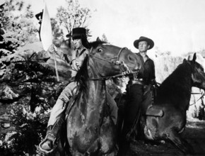 Macdonald Carey, Wendell Corey, on-set of the western film, "The Great Missouri Raid", Paramount