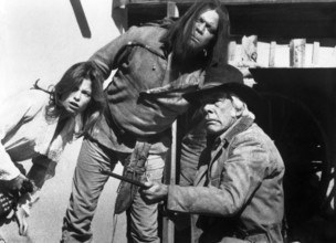 Kay Lenz, Oliver Reed, Lee Marvin, on-set of the western film, "The Great Scout And Cathouse