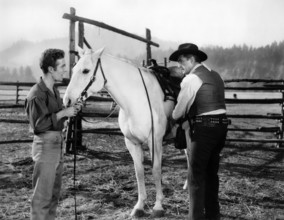 Steve Rowland, Stewart Granger, on-set of the western film, "Gun Glory", MGM, 1957