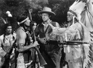 Richard Denning (center), Robert Bice (right), on-set of the western film, "The Gun That Won The