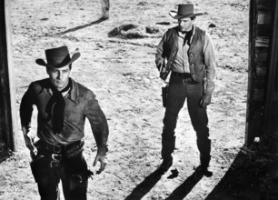 Michael Emmet (left), James Arness (right), on-set of the western film, "Gun The Man Down", United