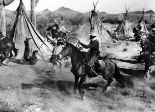 U.S. Cavalry attacking Apache village, on-set of the western film, "The Guns Of Fort Petticoat",