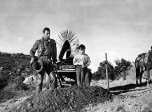 George Montgomery, Bobby Clark, on-set of the western film, "Gun Duel In Durango", United Artists,