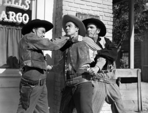 Kirby Grant (left), Fuzzy Knight (right), on-set of the western film, "Gun Town", Universal