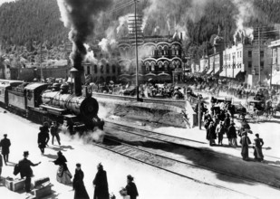 Locomotive bringing immigrants to Casper, Wyoming, on-set of the western film, "Heaven's Gate",