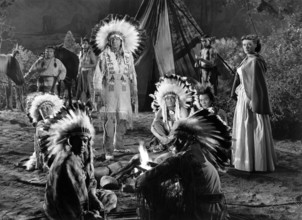 Ellen Drew (far right), on-set of the western film, "Davey Crockett, Indian Scout", United Artists,