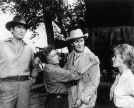 Gregory Peck, Thelma Ritter, Robert Preston, Debbie Reynolds,  on-set of the western film, "How The