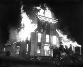 Burning saloon, on-set of the western film, "Johnny Guitar", Republic Pictures, 1954