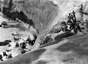 Shoshone fighters attacking U.S. Cavalry, on-set of the western film, "Kit Carson", United Artists,