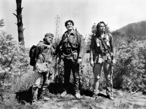 James Whitmore (left), Victor Mature (center), Pat Hogan (right), on-set of the western film, "The