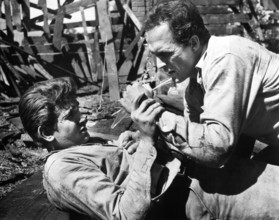 Michael Landon (left), Jack Hogan, on-set of the western film, "The Legend Of Tom Dooley", Columbia