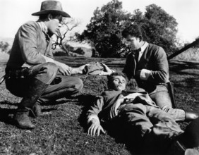 Richard Rust, Dee Pollock, Michael Landon, on-set of the western film, "The Legend Of Tom Dooley",