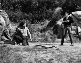 Jo Morrow, Michael Landon, Jack Hogan, on-set of the western film, "The Legend Of Tom Dooley",