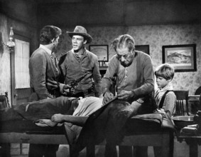 Michael Landon, Richard Rust, Ralph Moody, Moody, Dee Pollock, Gary Hunley, on-set of the western