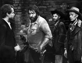 Terence Hill (left,) Bud Spencer (2nd left), Ezio Marano (2nd right), on-set of the Italian