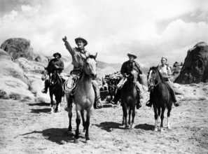 Jack Palance, Anthony Perkins, Elaine Aiken, on-set of the western film, "The Lonely Man",