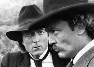 James Keach (left), Stacy Keach (right), on-set of the western film, "The Long Riders", United