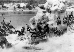 Battle scene, on-set of the western film, "Major Dundee", Columbia Pictures, 1965