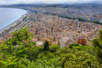 High angle view of Old Town and Mediterranean Sea from La Colline du Château, Nice, France