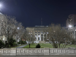 Harvard Medical School, building exterior and quadrangle at night, Boston, Massachusetts, USA