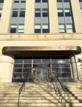 The Morris and Sophie Chang Building, entrance and stairs, Massachusetts Institute of Technology,