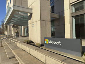 Microsoft, building exterior with company sign and logo, Cambridge, Massachusetts, USA