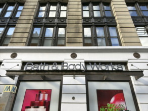 Bath & Body Works store, low angle view of building exterior and company sign, New York City, New