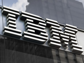 IBM, close-up of company logo on office building exterior, New York City, New York, USA