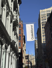 Crate & Barrel store banner hanging from exterior store building, New York City, New York, USA