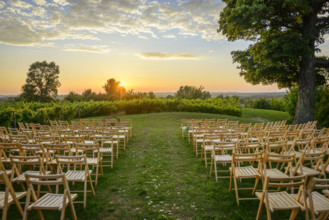 Rows of wood folding chairs set up for outdoor event at sunset