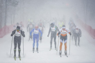 Competitors racing during Nordic skiing segment of North American Vasa Festival of Races, Traverse