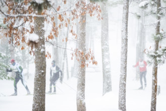 Competitors racing through wooded landscape during Nordic skiing segment of North American Vasa