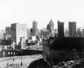 Damaged buildings from earthquake, Kearny and Grant Avenue area south of Bush Street, San