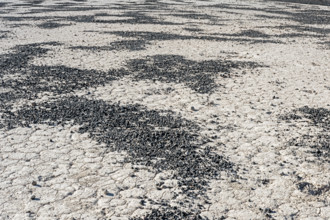 Scattered cinders from volcanic steam explosion on dried lake bed, Death Valley National Park,